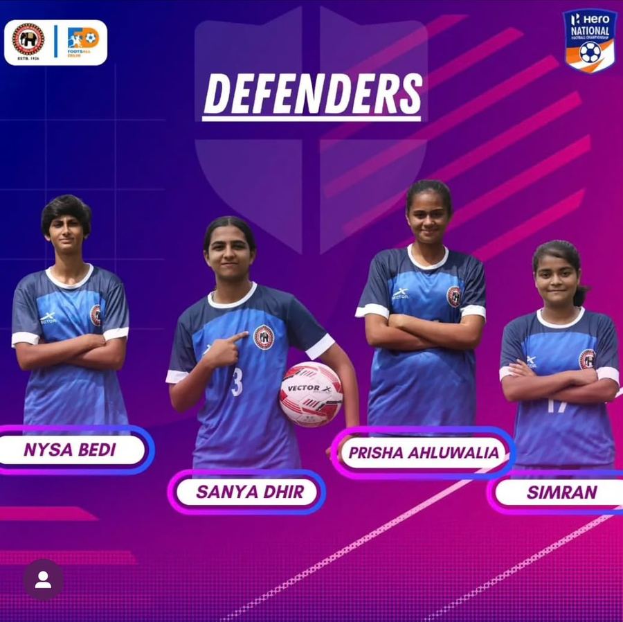 Football Delhi graphic headed Defenders, showing Nysa Bedi and three teammates in Delhi's blue kit